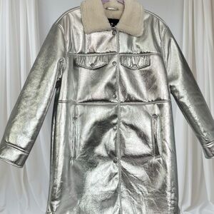 7 For All Mankind Longline Faux Shearling Jacket Metallic Silver NWOT sz L